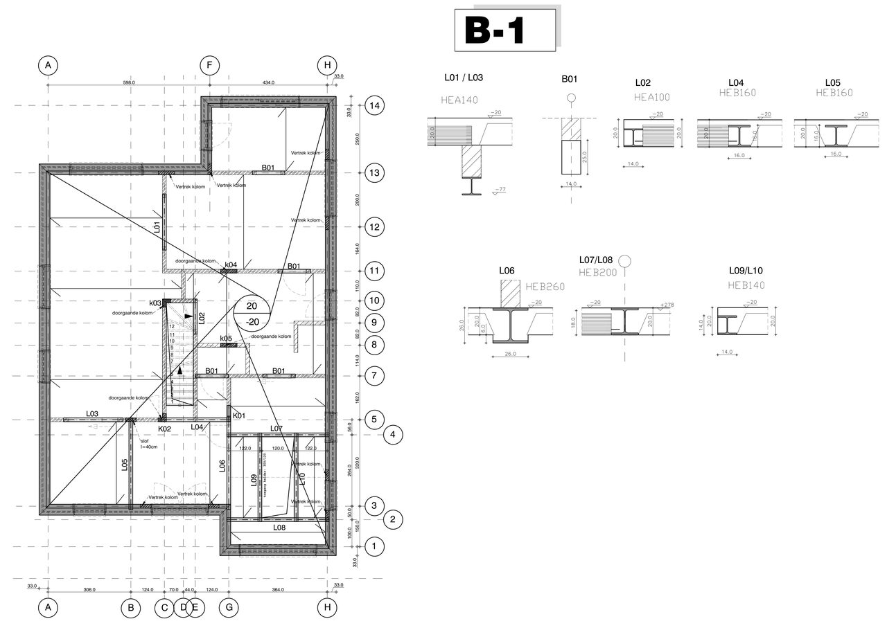 Het grondplan van de ingenieur met de kelder, de assen en de balkdetails L01 tot L10.