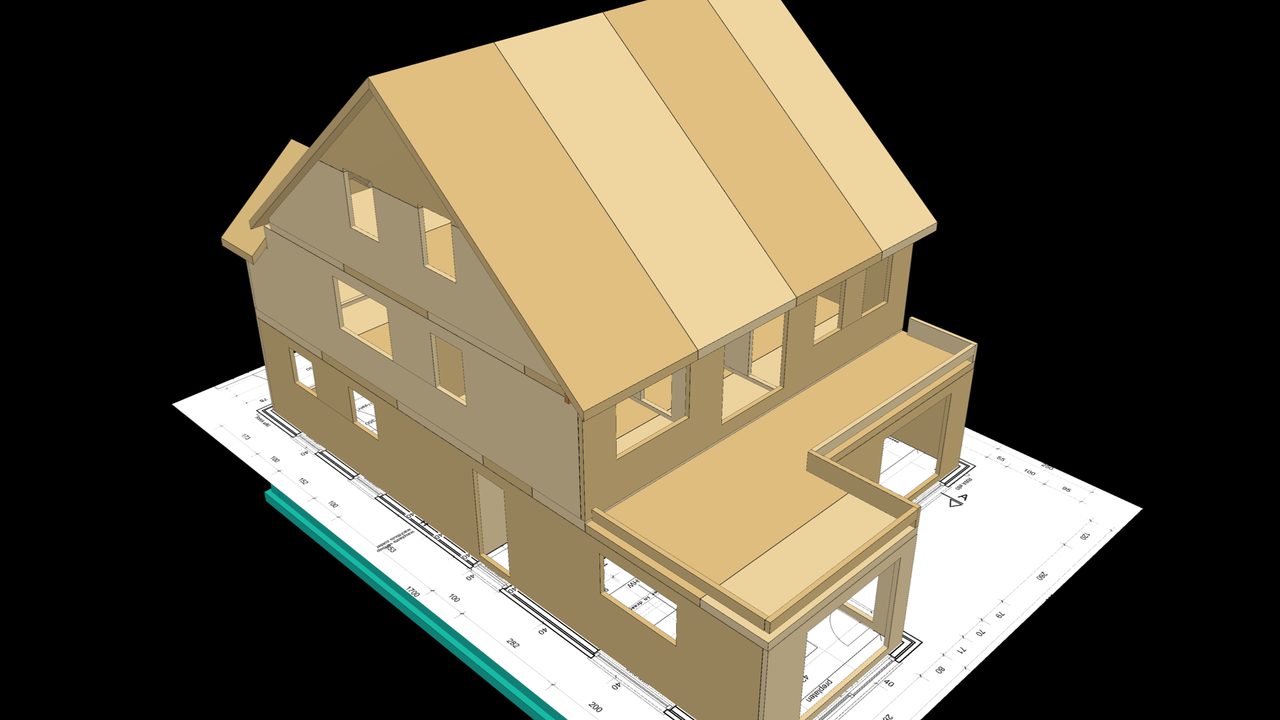 Het 3D-model in CLT: elke wand één paneel per verdieping, de vloeren en het dakvlak in grote panelen.