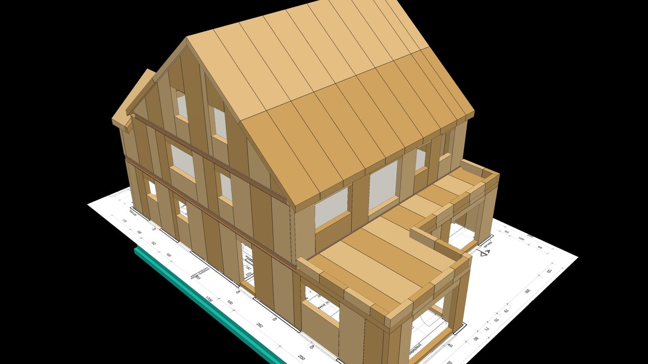 Het 3D-model met SIP-panelen van 1,20 m breed op wanden en dak, de I-liggers zichtbaar als randbalk aan de gevel.
