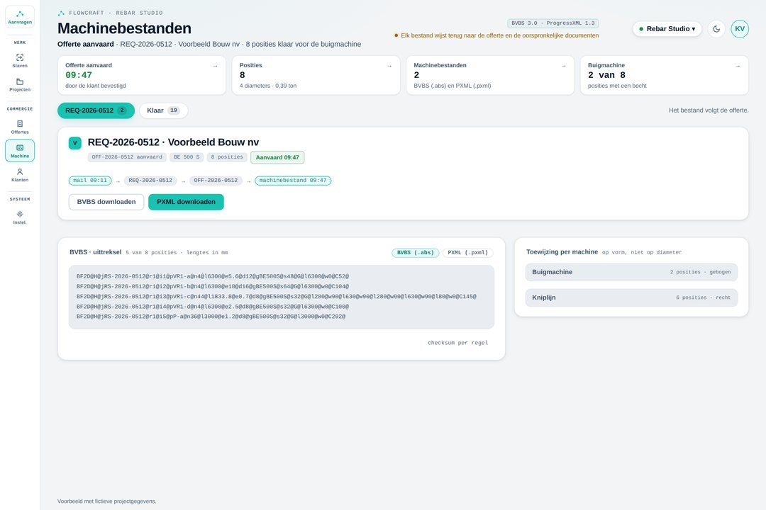 Scherm Machinebestanden: een BVBS-uittreksel en de toewijzing per machine.