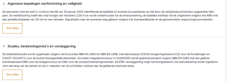 Twee hoofdstukken van een ingelezen bestek in Constructi, met de werfinrichting en de studies en berekeningsnota's.